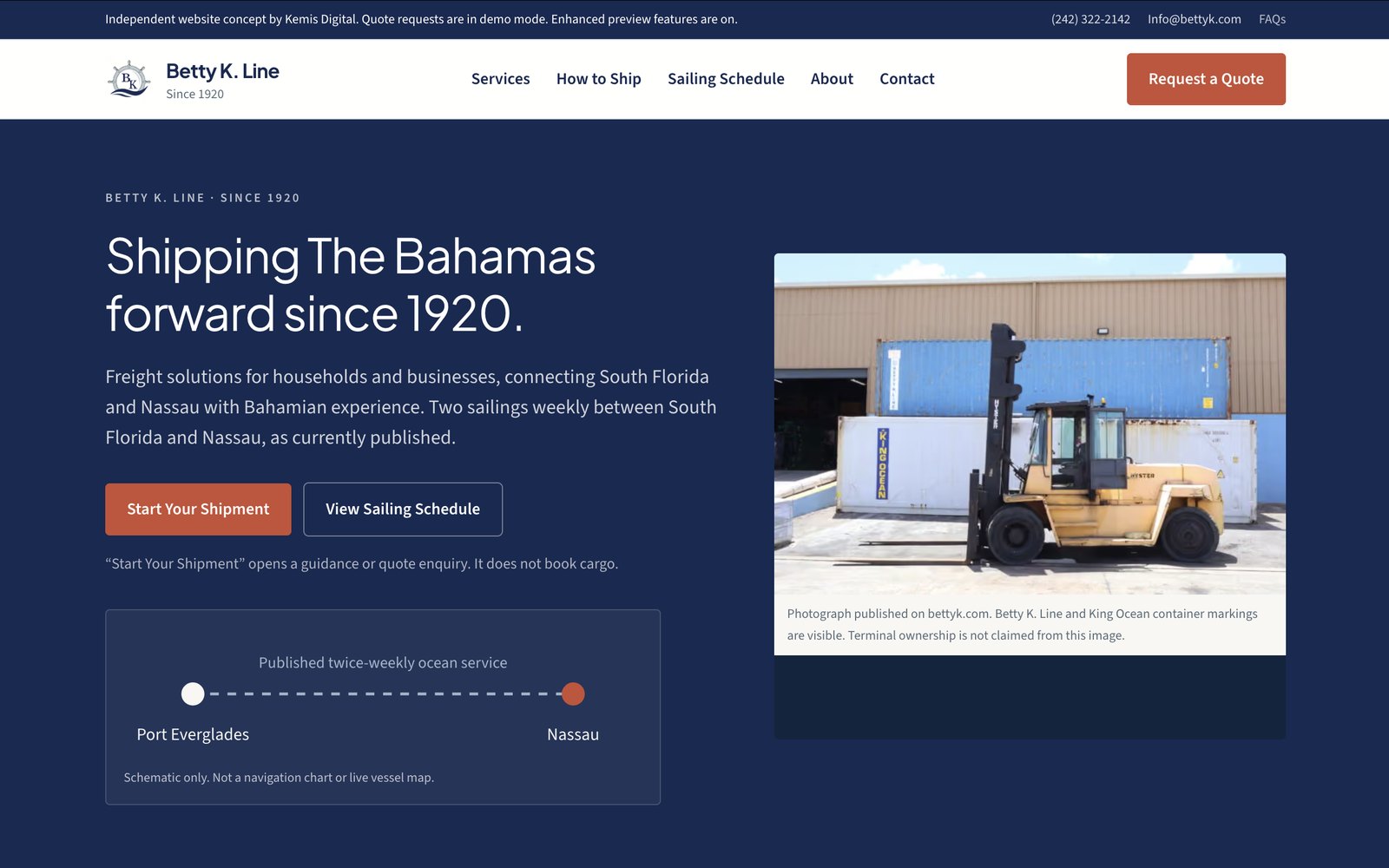 Betty K website concept showing shipping services, schedules and quote enquiries.