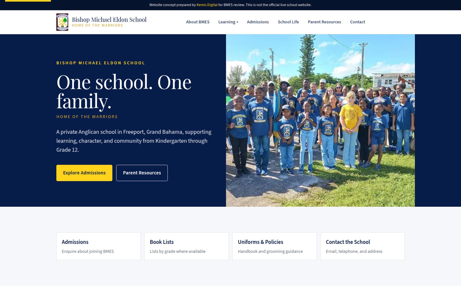 Bishop Michael Eldon School website concept showing admissions, learning pathways and parent resources.