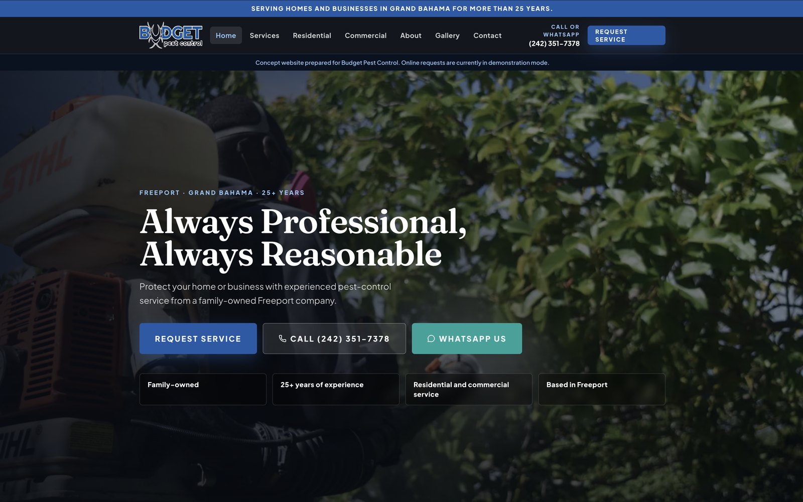 Budget Pest Control website concept showing service information and enquiry buttons.