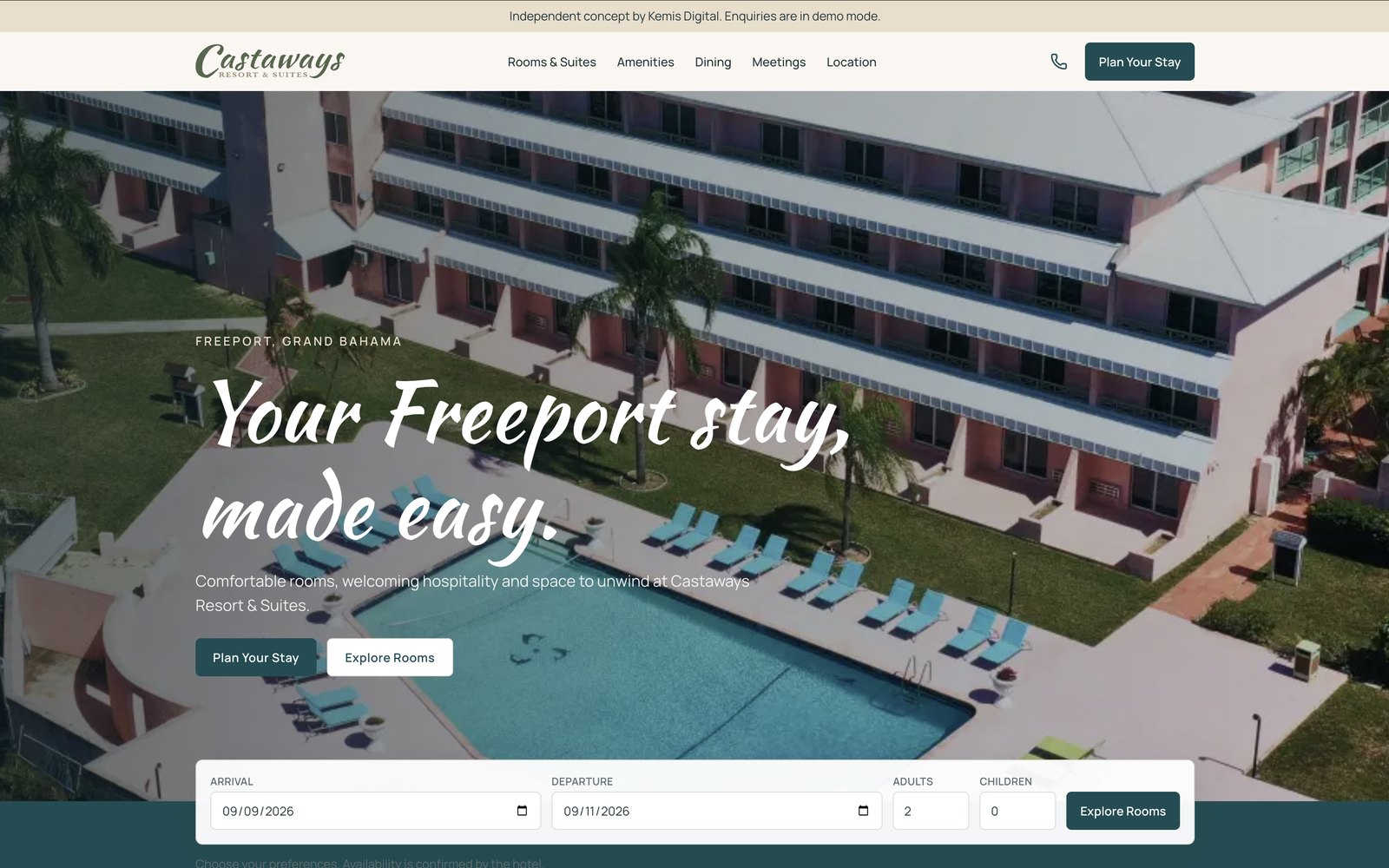 Castaways Resort & Suites website concept showing rooms, amenities and stay enquiry paths.