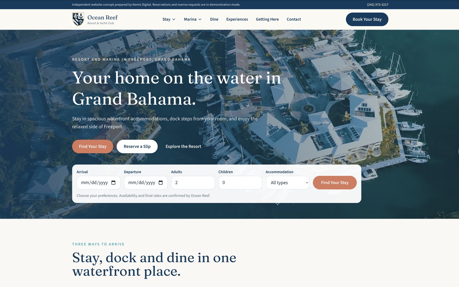 Ocean Reef Resort & Yacht Club website concept showing accommodation, dockage and dining.